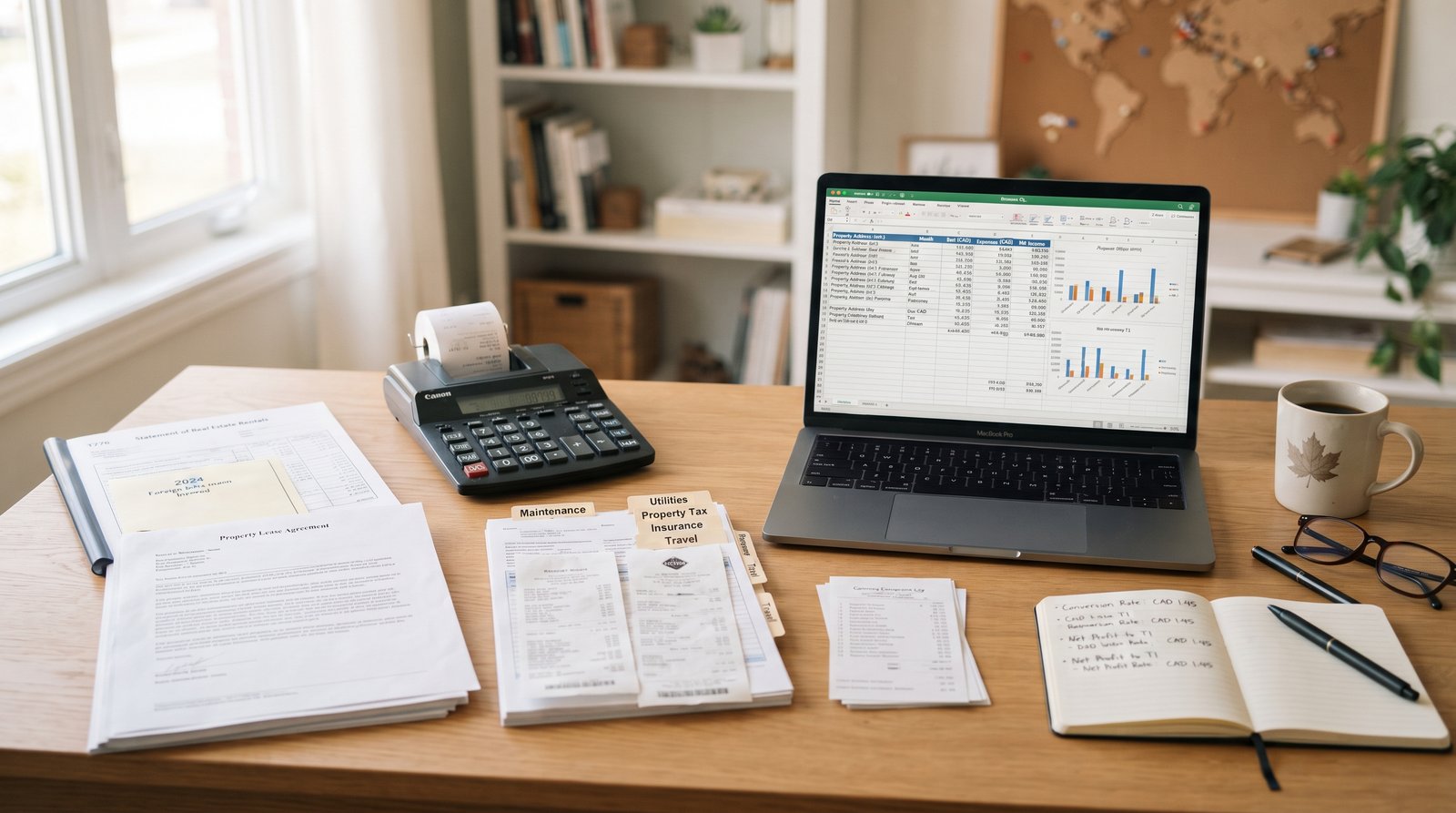 Rental property income records and tax documents for foreign property reporting in Canada