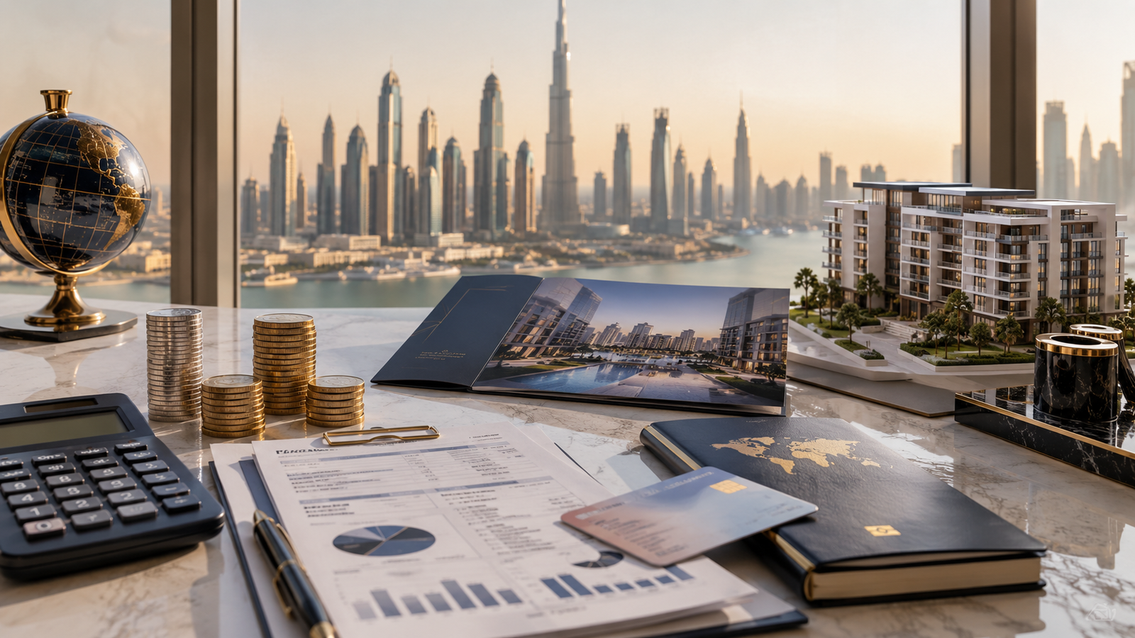 Dubai Golden Visa investment costs and residency benefits shown with property documents passport and Dubai skyline