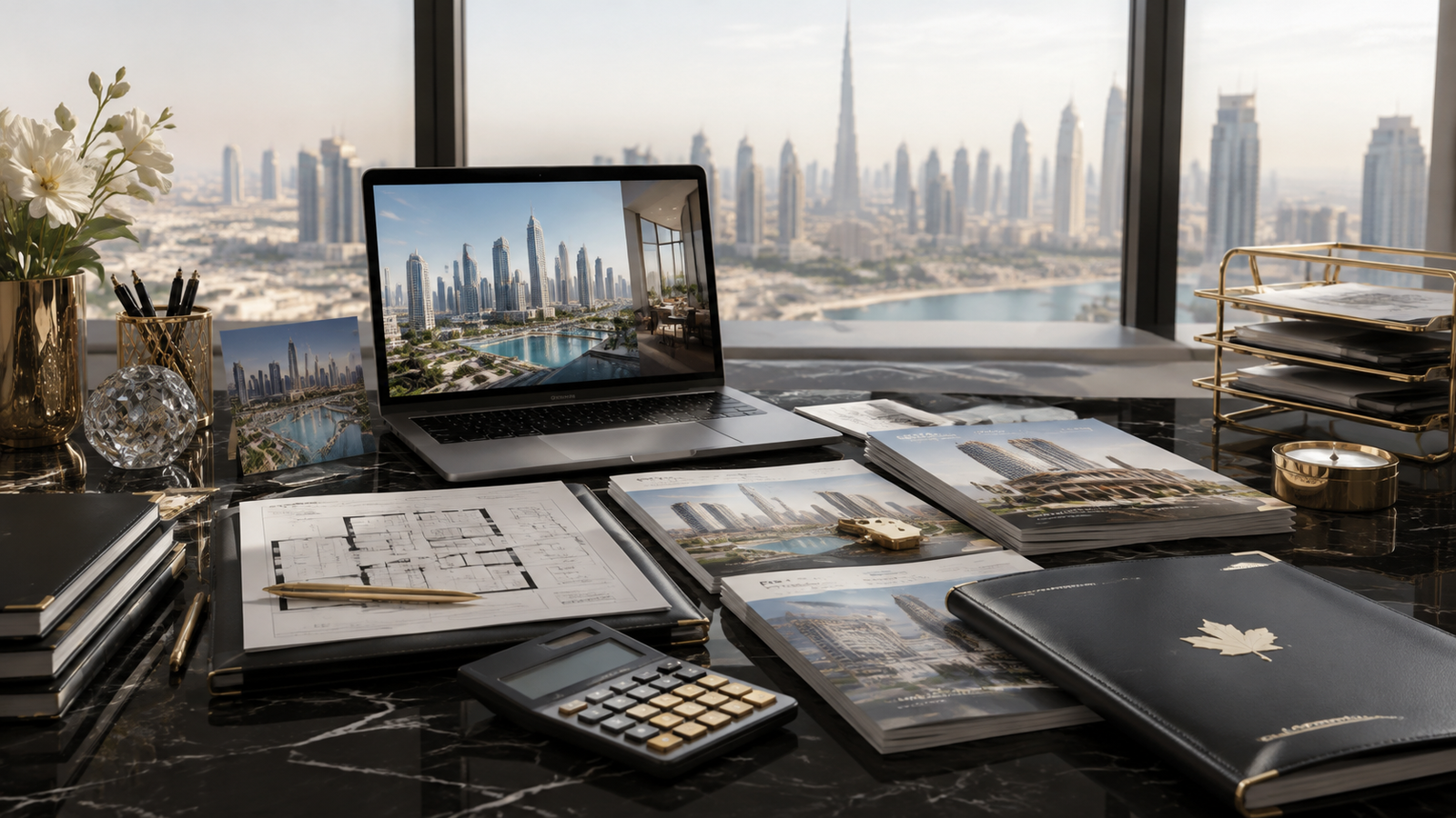 Canadian investor preparing Dubai property purchase with documents calculator and property planning materials