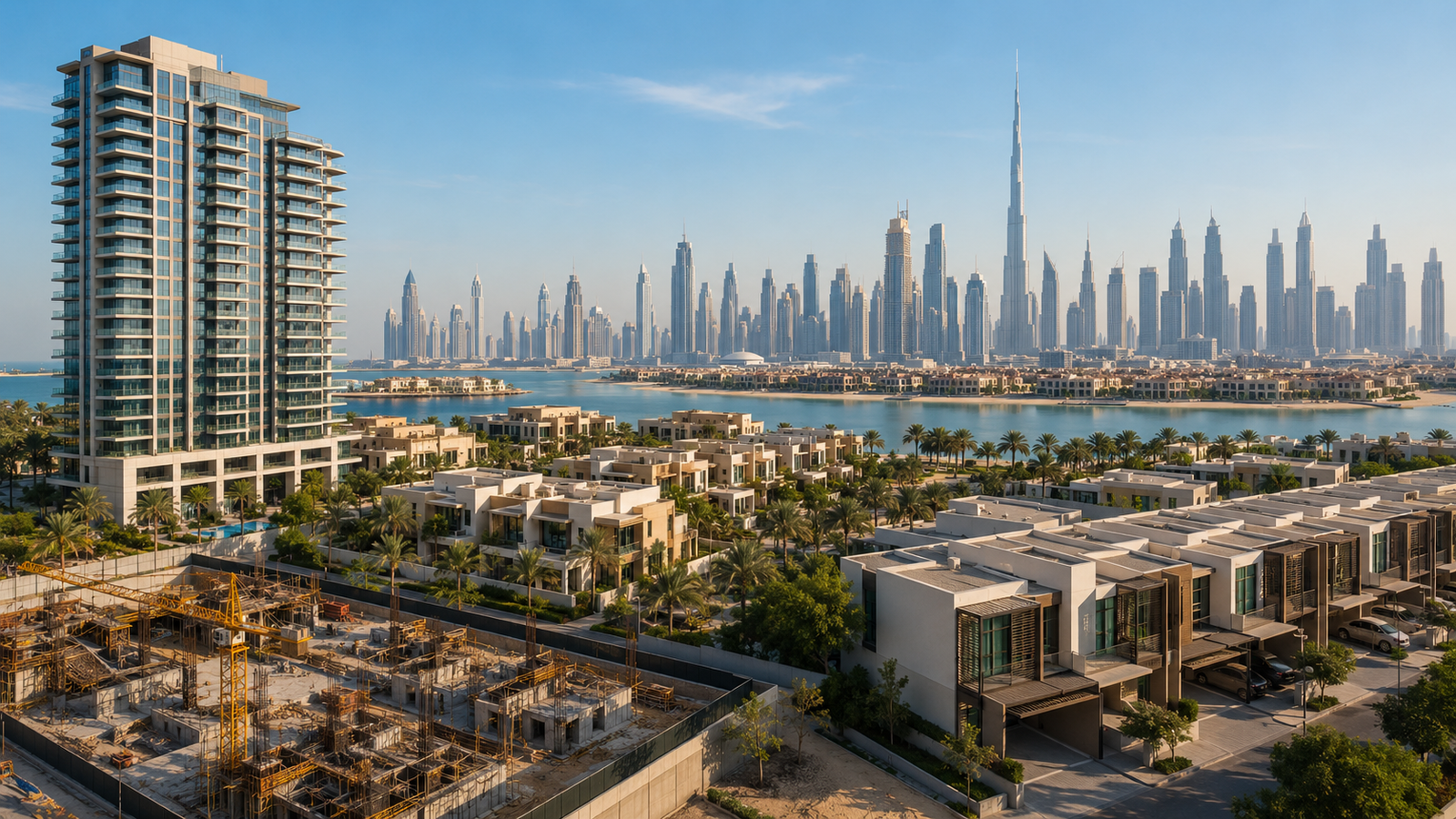 Panoramic view of eligible Dubai property types for Golden Visa including apartment towers villas townhouses and off-plan developments
