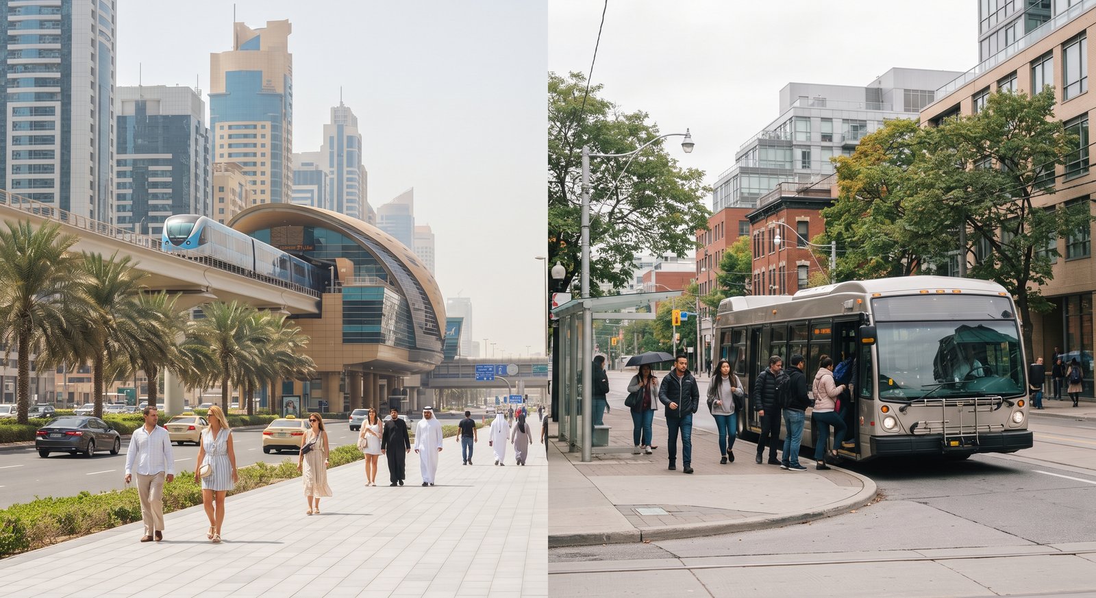 Dubai Metro and Canadian city transport representing different daily lifestyles