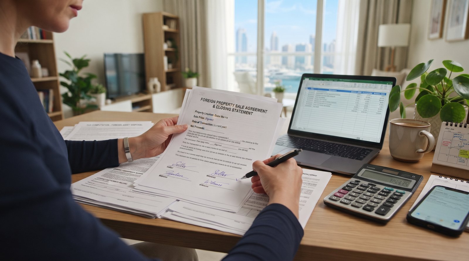 Property sale documents and financial records related to foreign property reporting in Canada