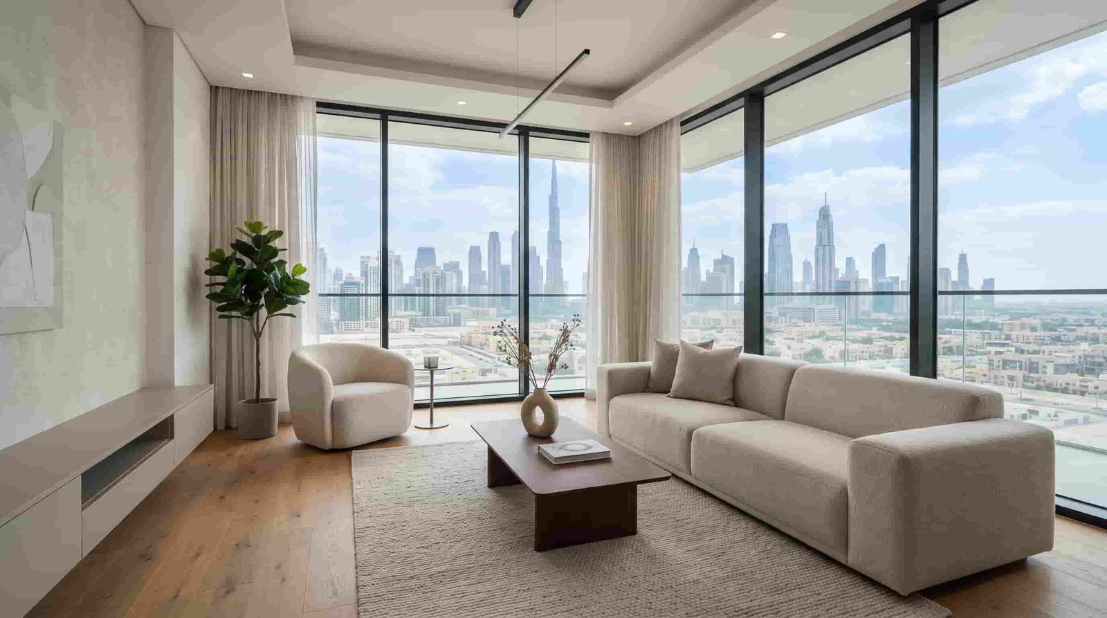Modern apartment living room with large windows and a city view