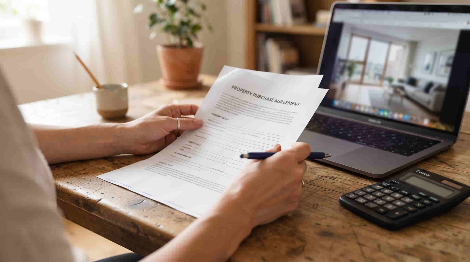 Buyer reviewing a property purchase contract at a desk
