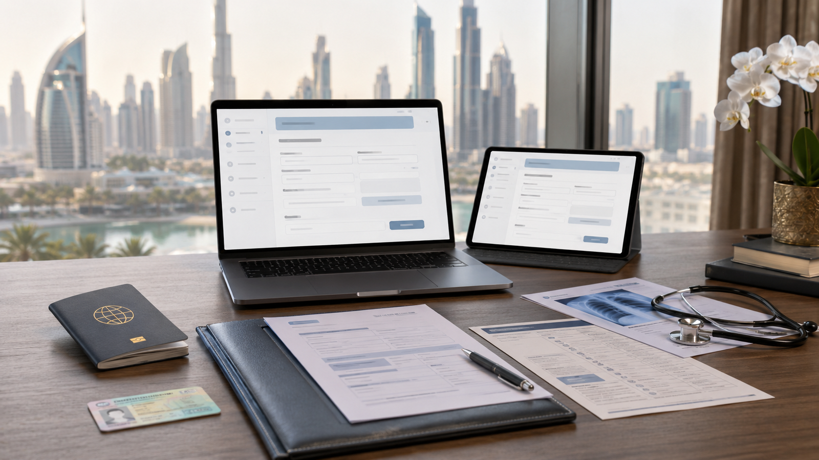 Dubai Golden Visa application process with passport documents laptop biometrics and residency paperwork