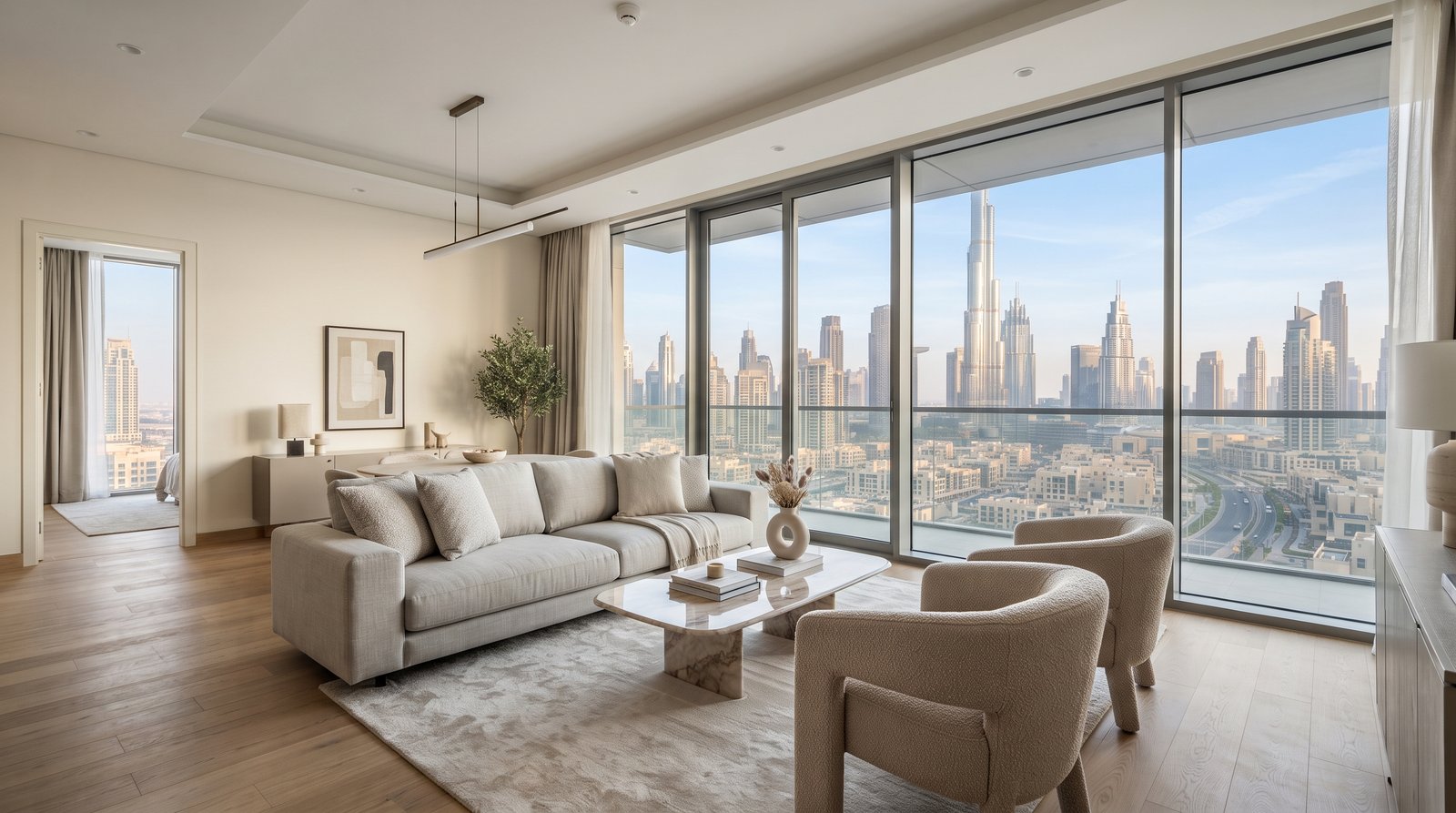 Luxury Burj Khalifa apartment interior with skyline view