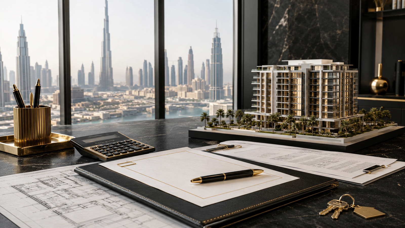Dubai property mortgage documents calculator house keys and apartment model representing Golden Visa equity requirements